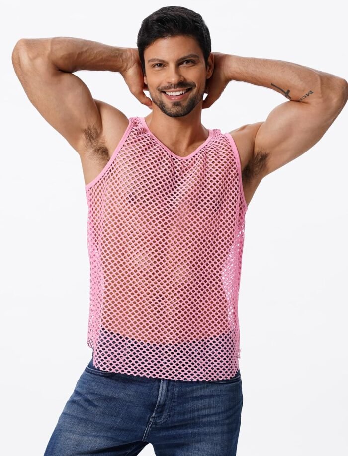 ABAFIP Men's Fishnet Mesh Tank Top Sleeveless Sheer Shirt Gym Workout Fitted Muscle Top Undershirt - Image 5