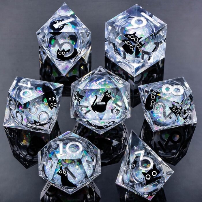 Resin DND Dice Set with Gift Box, 7Pcs Cat Liquid Core Role Playing Dice, Rainbow White Sharp Edge Dice D20 D12 D10 D8 D6 D4 - Image 3