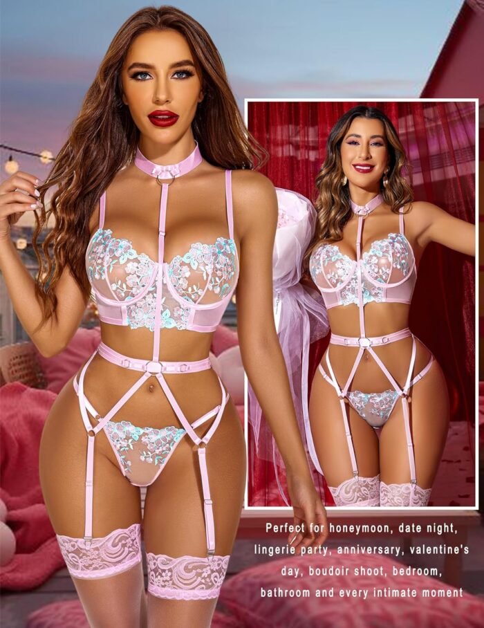 Avidlove Garter Lingerie Sets for Women Sexy with Removable Choker Floral Embroidered Underwire Lingerie (No Stockings) - Image 5