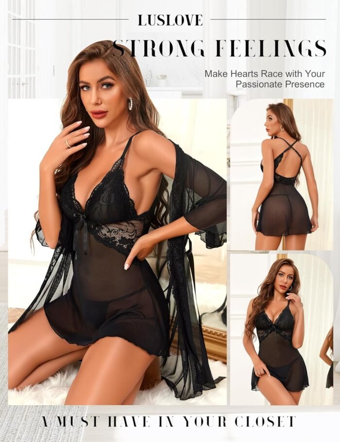 Women Sexy Lingerie Set 3 Piece Babydoll & Lace Kimono Robe Strap Chemise Nightgown Mesh Sleepwear - Image 3