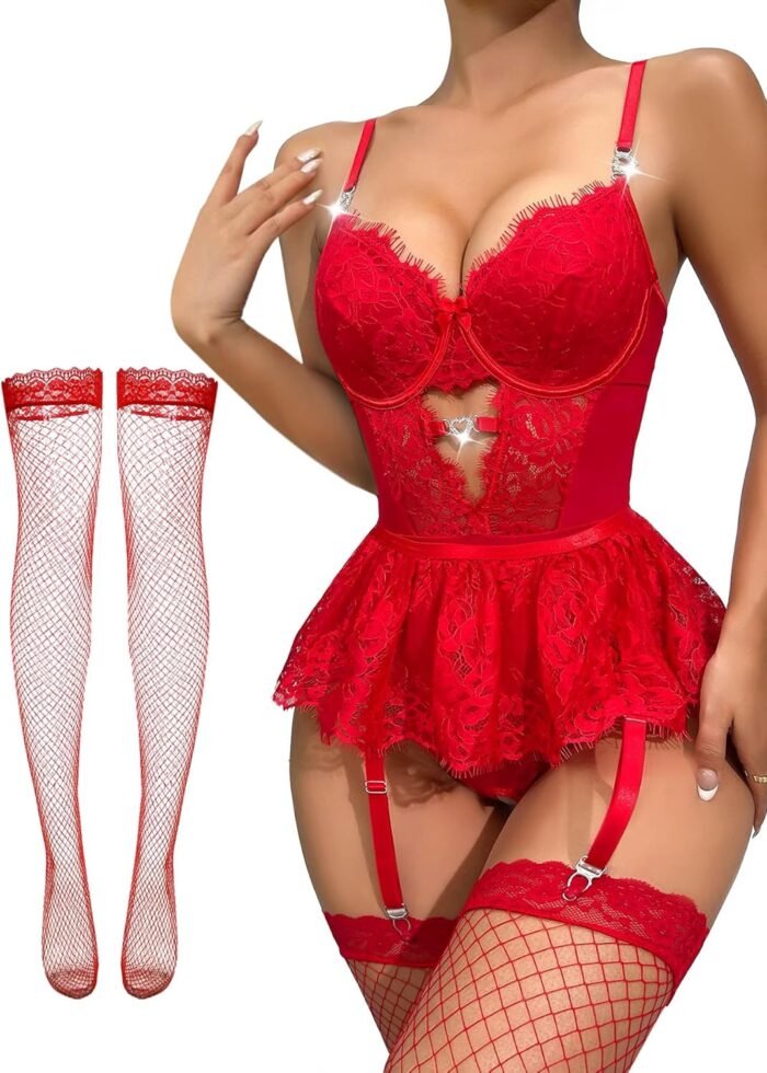 Lilosy Sexy Stocking Heart Rhinestones Underwire Babydoll Lace Mesh Garter