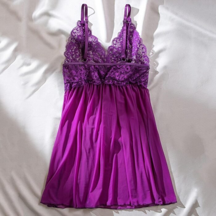 Women Mesh Rhinestone Babydoll Lingerie Sets Sexy Bow Chemise Nightgown Erotic Pajama Dress - Image 6