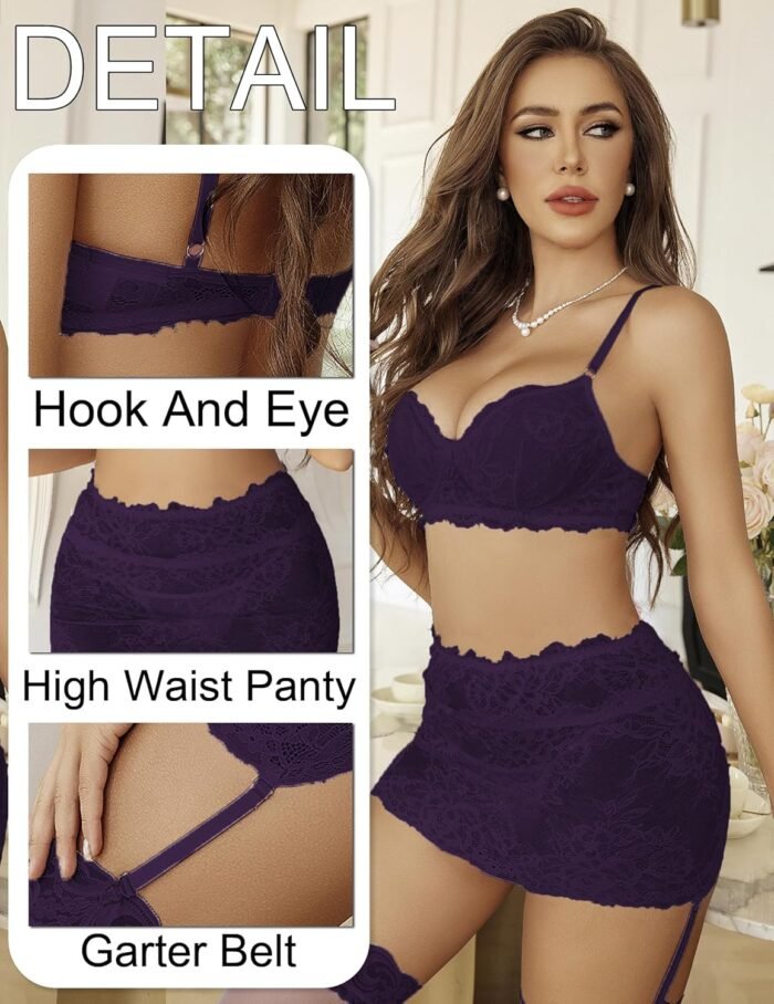 Avidlove Lingerie for Women Naughty 3 Piece Lace Garter Belt Bra And Panty Lingerie Set - Image 2