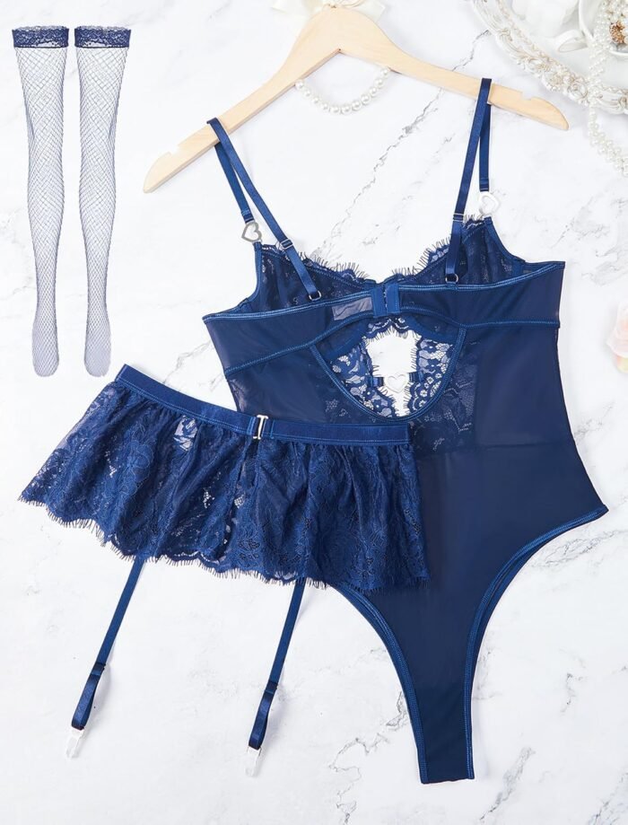 Women Lingerie Set Naughty Lace Bodysuit High Waisted Underwire Lingerie Babydoll With Garter Belt and Stockings - Image 8