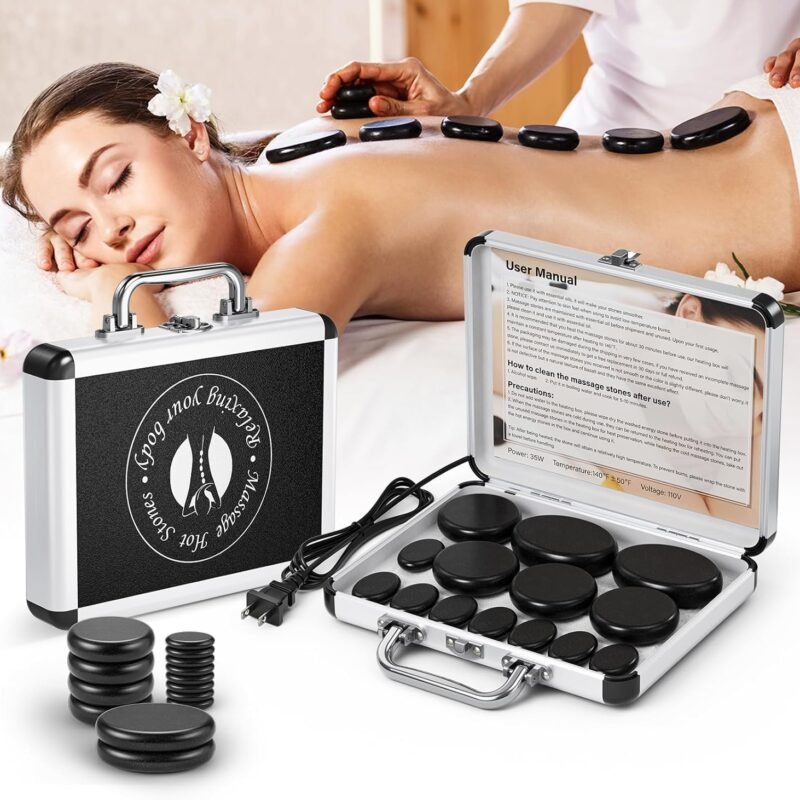 Hot Stones Massage Set, 14Pcs Basalt Portable Stone Kit With Warmer, Professional Rocks for Home Spa Warming Therapy Relaxing Pain Relief