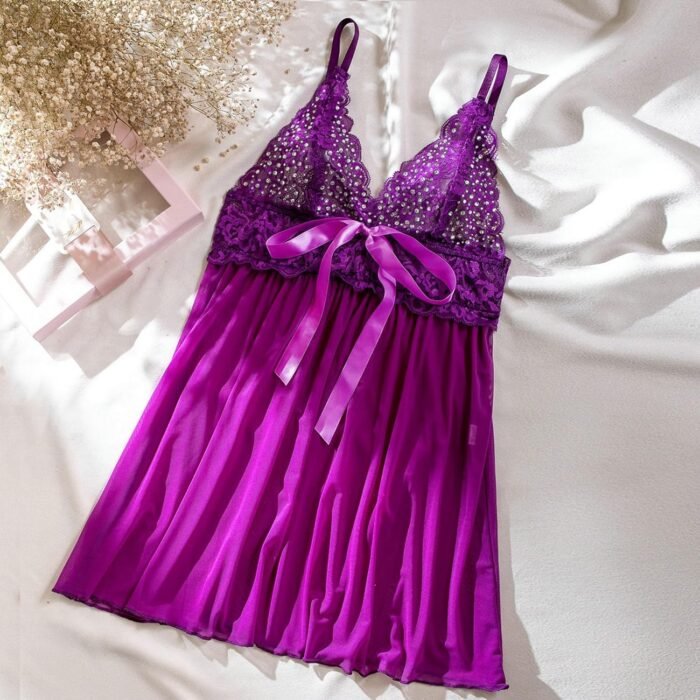 Women Mesh Rhinestone Babydoll Lingerie Sets Sexy Bow Chemise Nightgown Erotic Pajama Dress - Image 5