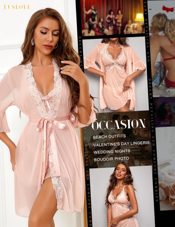 Women Sexy Lingerie Set 3 Piece Babydoll & Lace Kimono Robe Strap Chemise Nightgown Mesh Sleepwear - Image 4