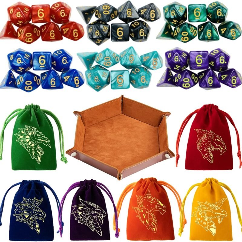 DND Dice Set 42 Pcs Polyhedral Dungeons and Dragons Rolling Dice for D&D RPG MTG Table Games Dice Bulk with Colorful Drawstring Bags and Dice Tray (Single)