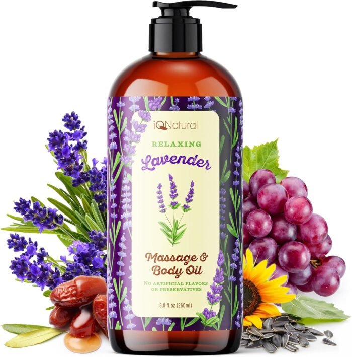 IQ Natural Organic Lavender Body Oil for Skin, Lavender Massage Oil for Massage Therapy, Couples Massage, Sore Muscle Body Relaxing Warming - Lightweight and Non-Greasy - 8.8oz (260ml)