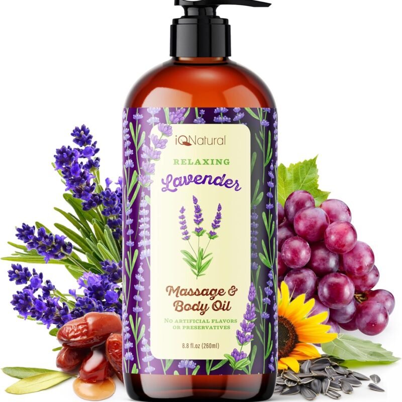 IQ Natural Organic Lavender Body Oil for Skin, Lavender Massage Oil for Massage Therapy, Couples Massage, Sore Muscle Body Relaxing Warming - Lightweight and Non-Greasy - 8.8oz (260ml)