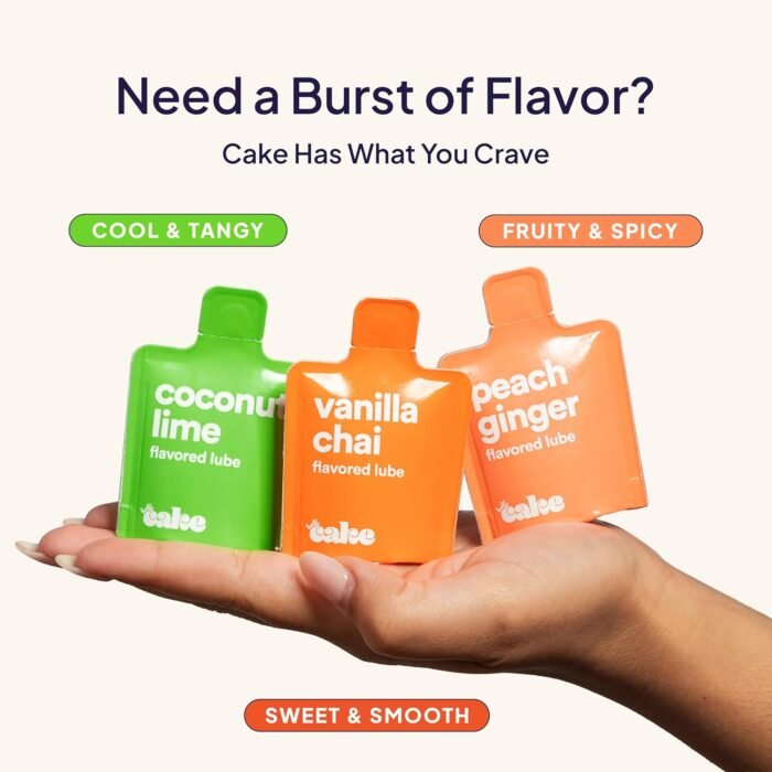 Hello Cake Flavored Lube Trio Sample Pack, Water-Based Flavored Personal Lubricants - Includes Peach Ginger, Vanilla Chai, and Coconut Lime – Made Without Added Sugar & No Aftertaste, 0.34 fl oz Each - Image 3