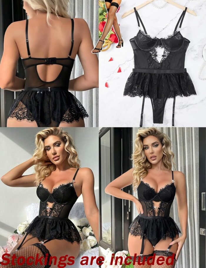 Women Lingerie Set Naughty Lace Bodysuit High Waisted Underwire Lingerie Babydoll With Garter Belt and Stockings - Image 7