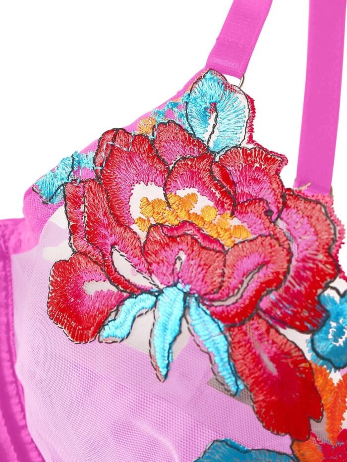 Lilosy Sexy Leaf Floral Embroidered Mesh Sheer Women Underwire Push Up Lingerie Set - Image 2