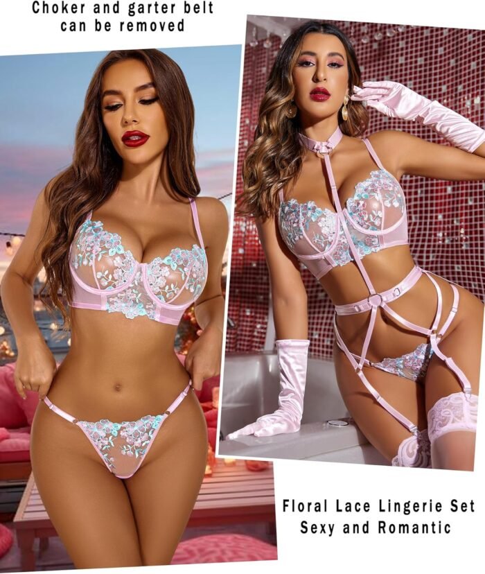 Avidlove Garter Lingerie Sets for Women Sexy with Removable Choker Floral Embroidered Underwire Lingerie (No Stockings) - Image 3