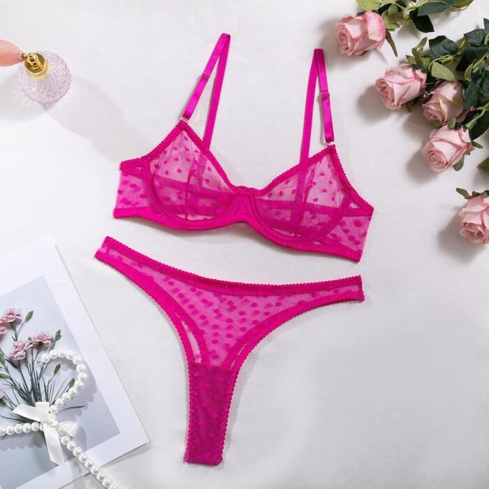 Women Sexy Mesh Lingerie Set Sheer Valentine Underwear Push Up Bra and Thong Panty Ruffle Bow Cute Apparel - Image 5