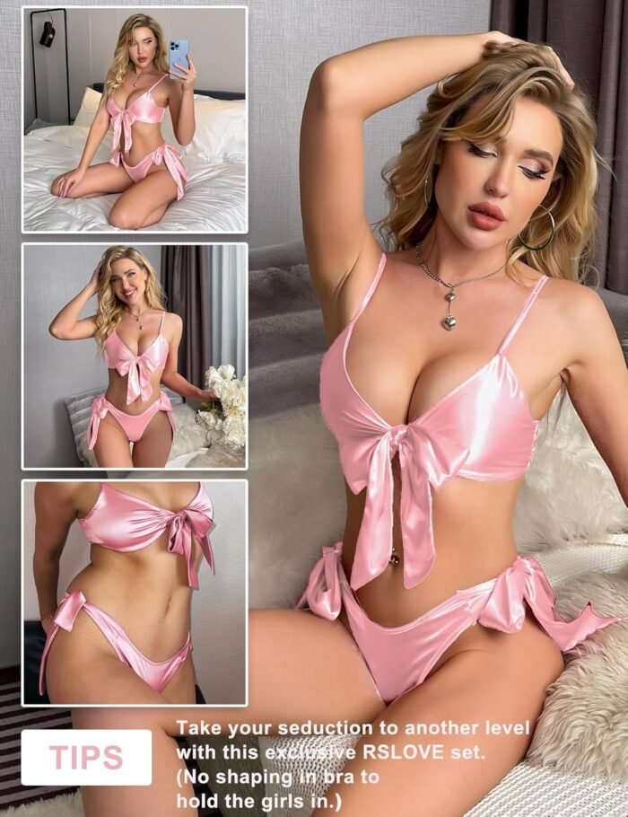 RSLOVE Women Sexy Lingerie Set Satin Bow Tie 2 Piece Bra and Panty Sets - Image 5