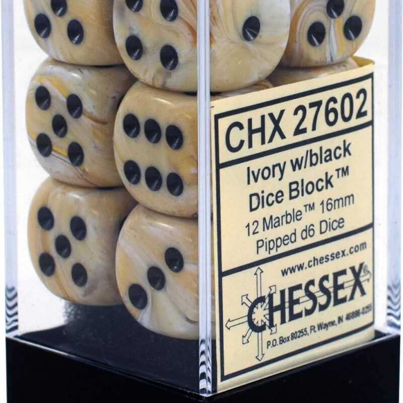 Chessex Dice d6 Sets: Marble Ivory with Black - 16mm Six Sided Die (12) Block of Dice