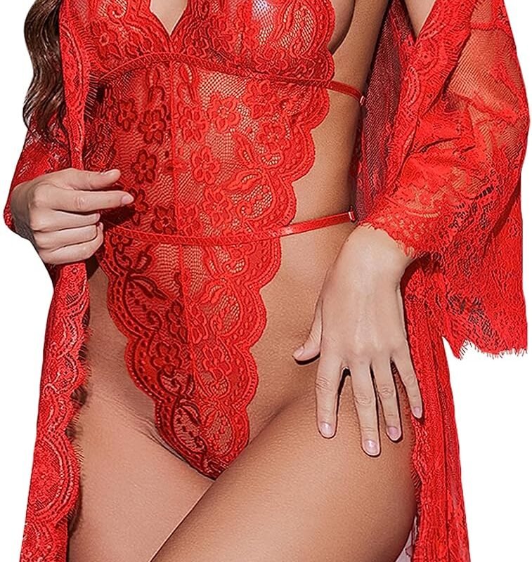 Avidlove Women Sexy Lingerie Set 2 Piece Lace Kimono Robe with Lace Teddy Lingerie Bodysuit