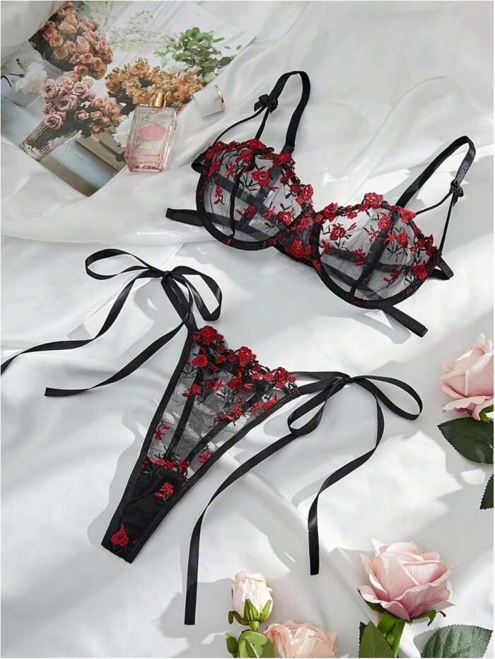 GORGLITTER Women's Bow Bra Sexy Lingerie Set Mesh Push Up Bralette and Panty 2 Piece - Image 6