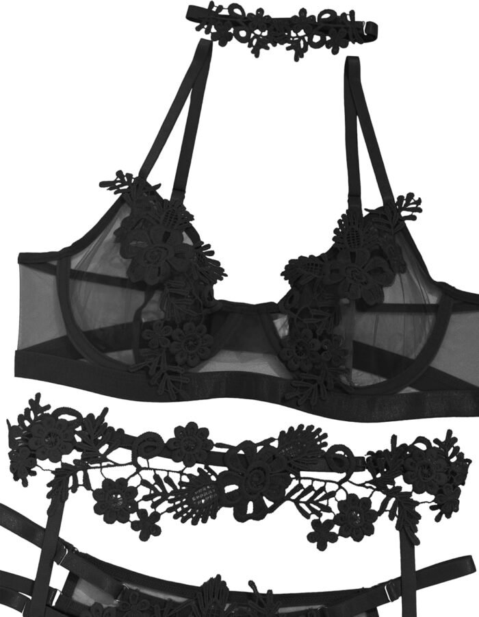 Lilosy Sexy Cute Applique Embroidered Underwire Push Up Garter Belt Chocker Lingerie Set - Image 2