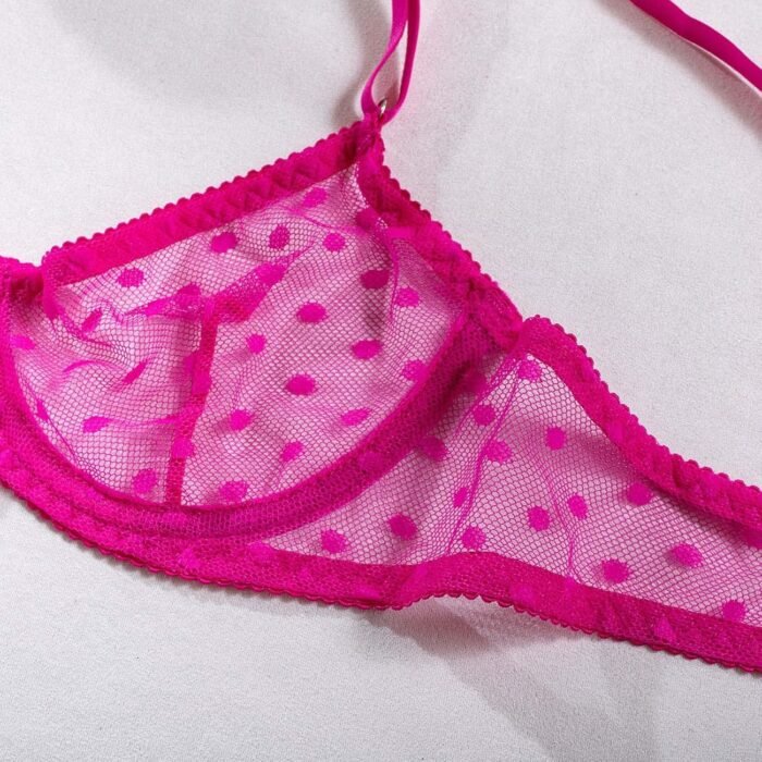 Women Sexy Mesh Lingerie Set Sheer Valentine Underwear Push Up Bra and Thong Panty Ruffle Bow Cute Apparel - Image 2