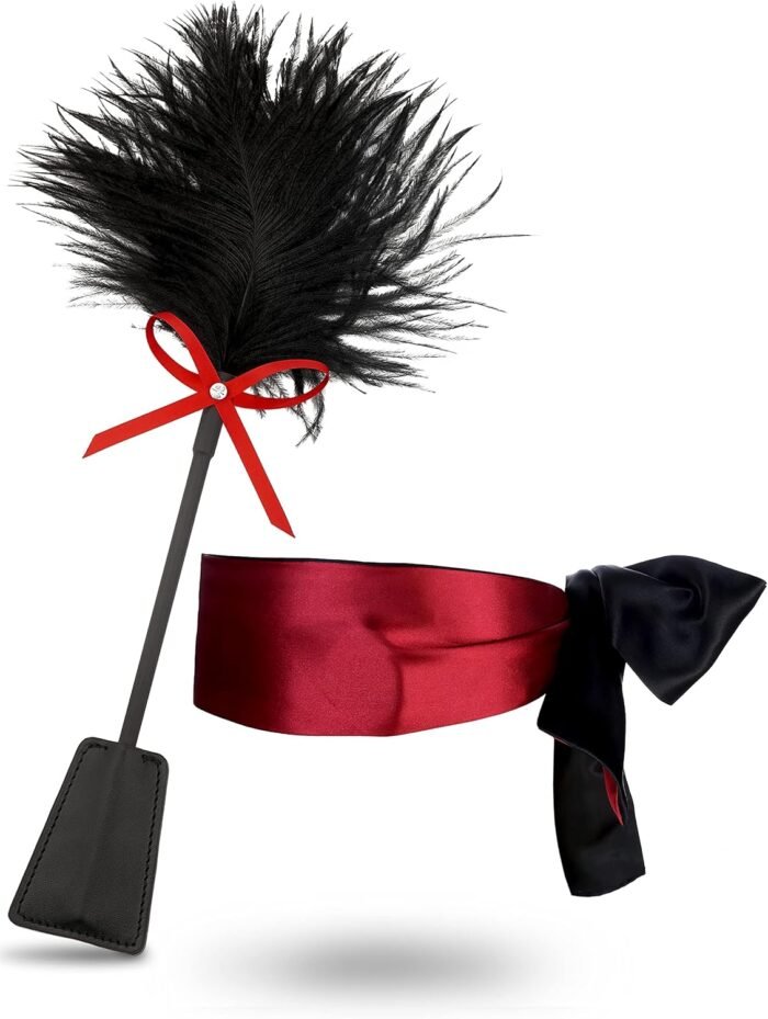 Feather Mask French Tickler Whip Feather Satin Blindfold Eye Silk Mask Faux Leather Feather Tickler