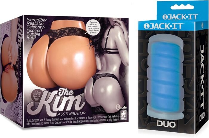 Sex Toy Couples kit of The Kim Assturbator Masturbator and Icon Brands Jack-It Duo, Sky Blue