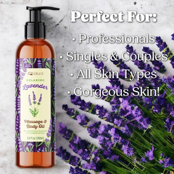IQ Natural Organic Lavender Body Oil for Skin, Lavender Massage Oil for Massage Therapy, Couples Massage, Sore Muscle Body Relaxing Warming - Lightweight and Non-Greasy - 8.8oz (260ml) - Image 4