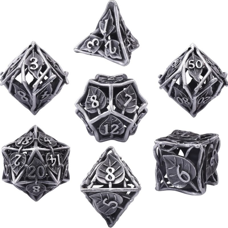 AUSTOR 7 Pieces DND Dice Set Leaf Metal DND Dice Hollow Polyhedral Dice D20 D12 D10 D% D8 D6 D4 Metal Dice with Metal Box for Dungeons & Dragons RPG Board Games(Antique Iron)