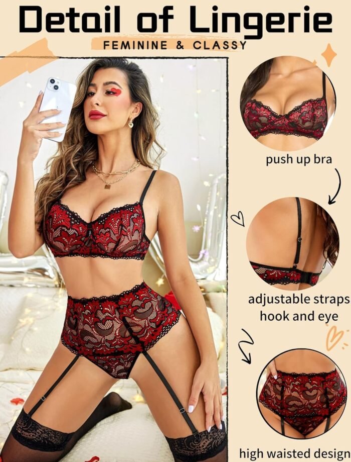 Avidlove Women Lingerie Set High Waisted Underwire Lingerie With Garter Belt Lace Babydoll - Image 3