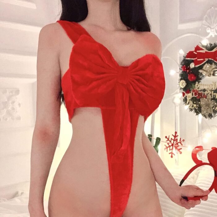 JasmyGirls Bow Lingerie for Women Sexy Christmas Valentines Red Present Bowtie Bra Velvet Bodysuit Unwrap Me Babydoll Santa Costume - Image 5