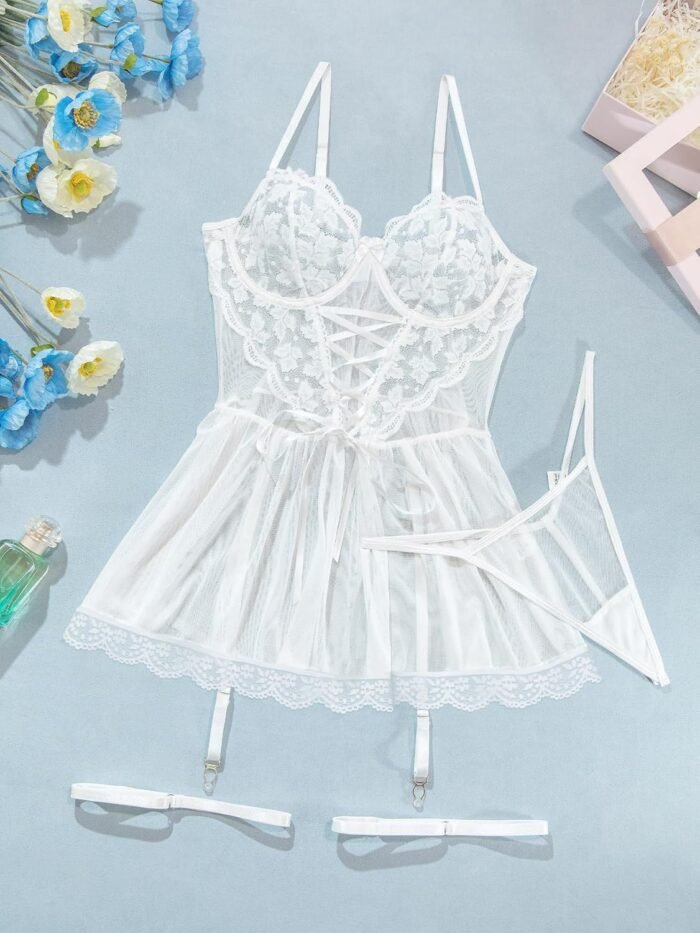 Lilosy Sexy Garter Belt Mesh Lace Babydoll Lingerie Dress Set with Thong - Image 5