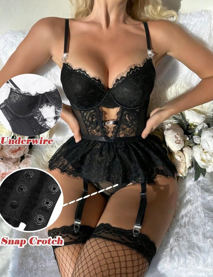 Women Lingerie Set Naughty Lace Bodysuit High Waisted Underwire Lingerie Babydoll With Garter Belt and Stockings - Image 3
