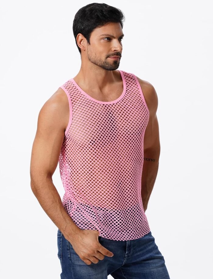 ABAFIP Men's Fishnet Mesh Tank Top Sleeveless Sheer Shirt Gym Workout Fitted Muscle Top Undershirt - Image 4