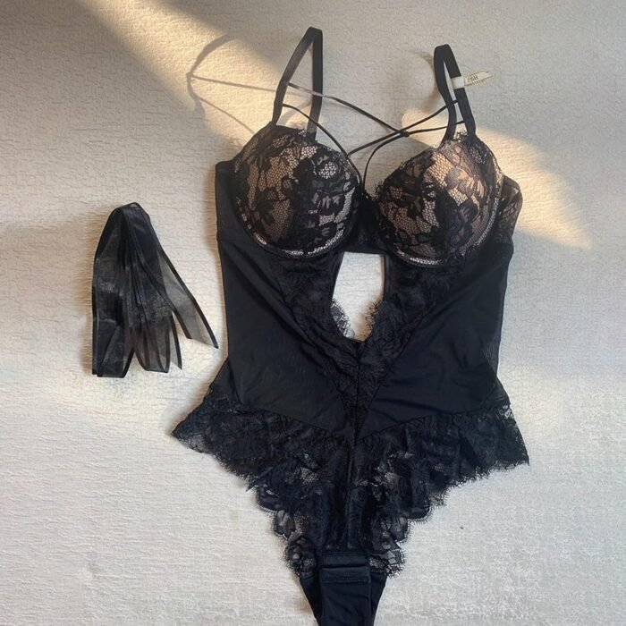 French Seductive Lace Bodysuit Transparent Fitted Teddy Sculpting Lingerie Elegant Bow Tie - Image 2