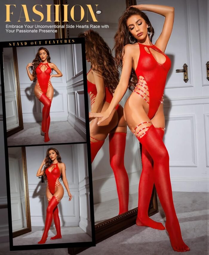RSLOVE Sexy Lingerie Sets for Women Fishnet Bodystocking Exotic Sparkle Rhinestone Mesh Bodysuit with Thigh High Stockings - Image 4