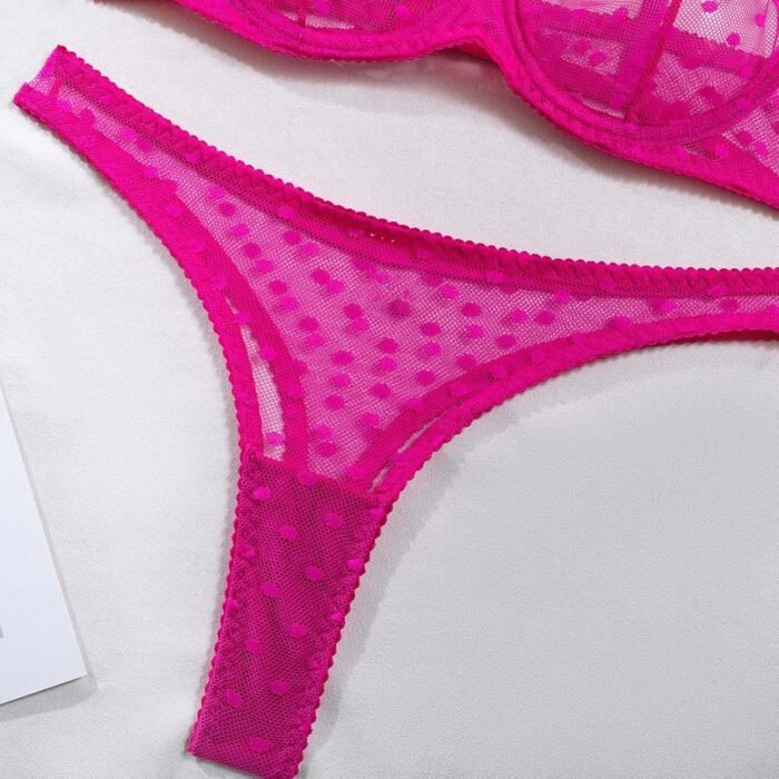 Women Sexy Mesh Lingerie Set Sheer Valentine Underwear Push Up Bra and Thong Panty Ruffle Bow Cute Apparel - Image 4