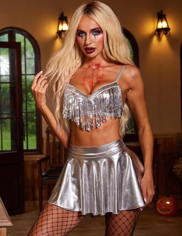 Avidlove Rave Outfits for Women Sequin Fringe Outfits Cosplay Lingerie 3pack Costume Set with Metallic Skirt - Image 7