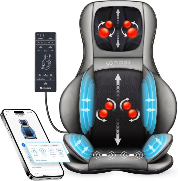 COMFIER Shiatsu Neck Back Massager with Heat and Compression, App Control 2D or 3D Deep Tissue Kneading Massage Chair Pad, Chair Massager for Full Body, Ideal Gifts for Father,Grey