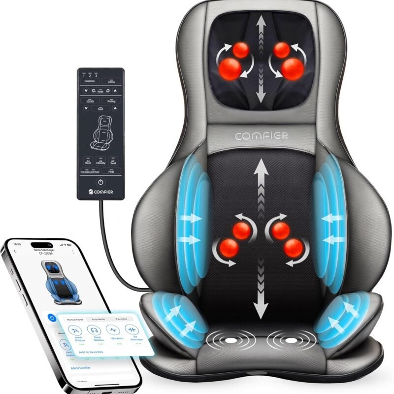COMFIER Shiatsu Neck Back Massager with Heat and Compression, App Control 2D or 3D Deep Tissue Kneading Massage Chair Pad, Chair Massager for Full Body, Ideal Gifts for Father,Grey