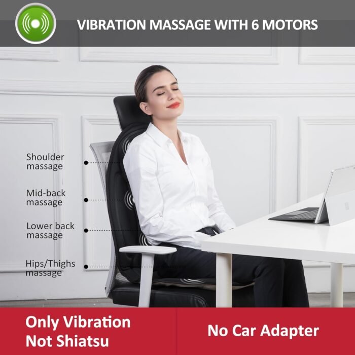 Snailax Massage Seat Cushion - Back Massager with Heat, 6 Vibration Massage Nodes & 2 Heat Levels, Massage Chair Pad for Home Office Chair，Black - Image 2