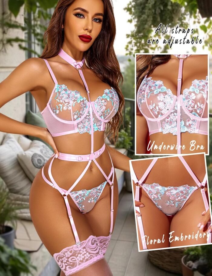 Avidlove Garter Lingerie Sets for Women Sexy with Removable Choker Floral Embroidered Underwire Lingerie (No Stockings) - Image 2