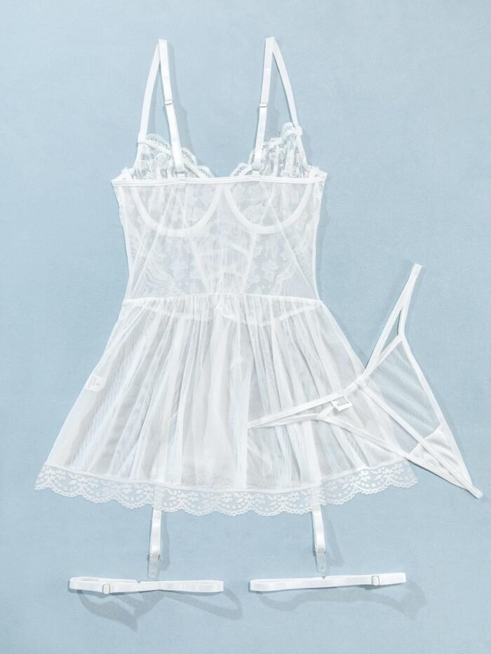 Lilosy Sexy Garter Belt Mesh Lace Babydoll Lingerie Dress Set with Thong - Image 6
