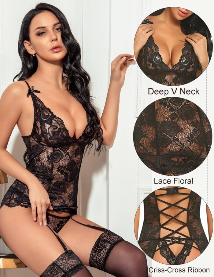Avidlove Sexy Garter Lingerie for Women Mesh Chemise Lace Babydoll with Garter Mini Teddy Bodysuit (No Stocking) - Image 2