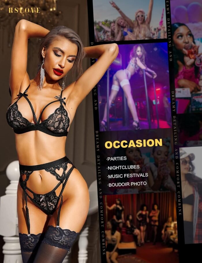 RSLOVE Women Lingerie Sets with Garter Belt 3 Piece Lace Teddy Babydoll Bodysuit - Image 2