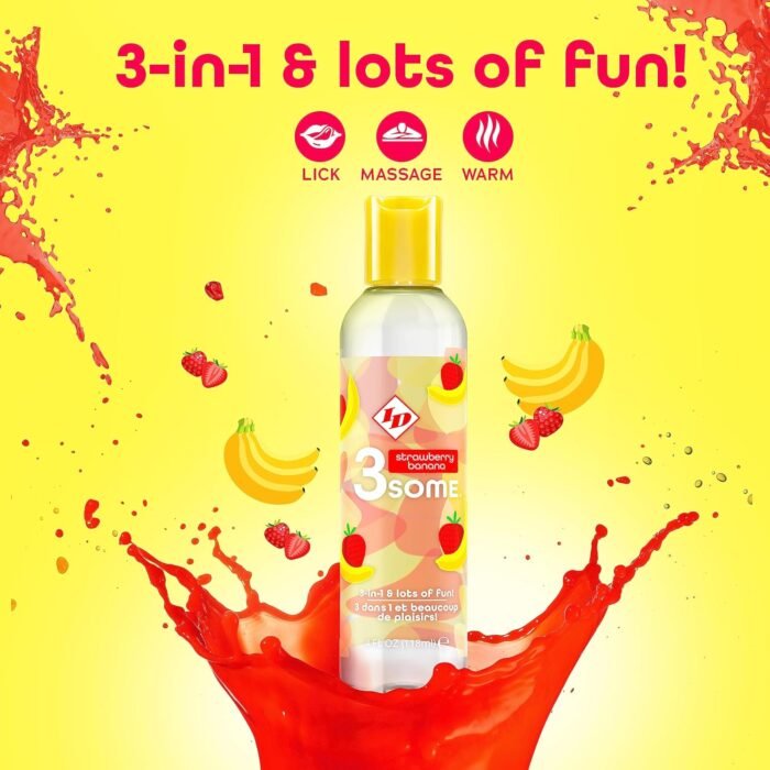 ID Lubricants 3some Flavored Sensual Massage – Strawberry Banana Oral Delight & Warming Fun for Couples Pleasure - 4 fl oz 3in1 Sensual Massage Lube - Image 4