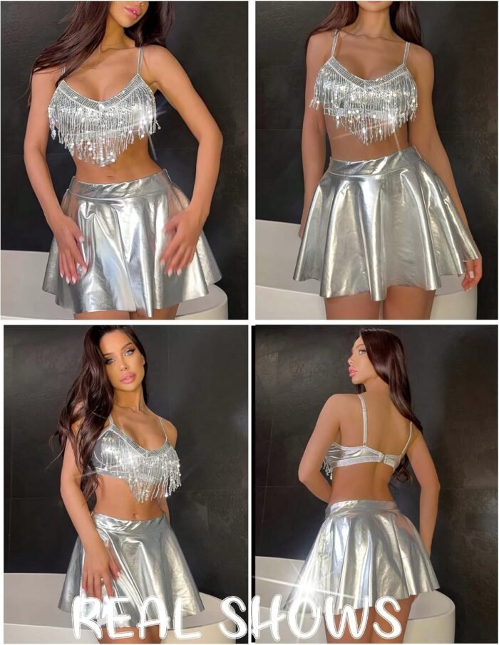 Avidlove Rave Outfits for Women Sequin Fringe Outfits Cosplay Lingerie 3pack Costume Set with Metallic Skirt - Image 5