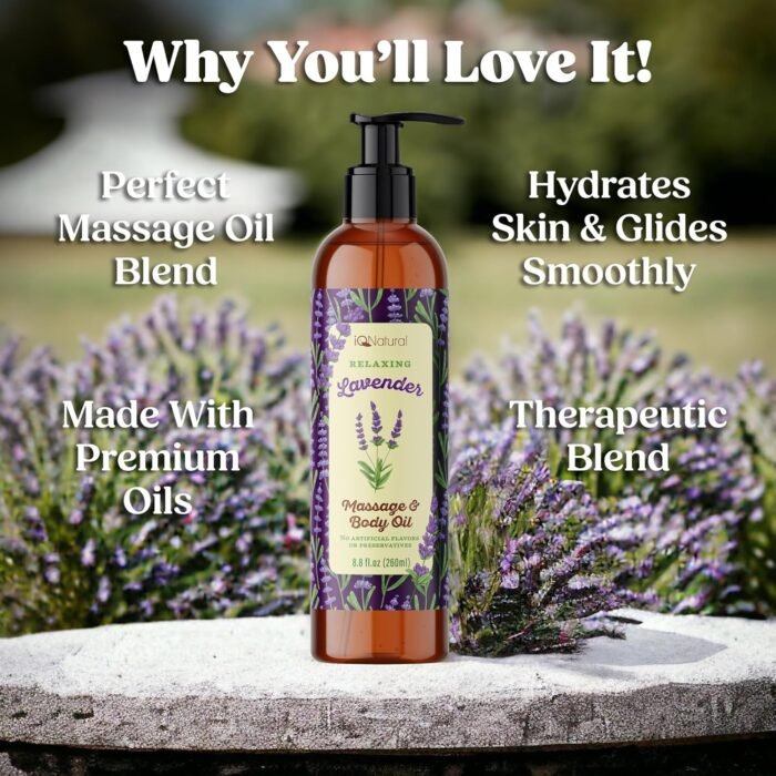 IQ Natural Organic Lavender Body Oil for Skin, Lavender Massage Oil for Massage Therapy, Couples Massage, Sore Muscle Body Relaxing Warming - Lightweight and Non-Greasy - 8.8oz (260ml) - Image 3