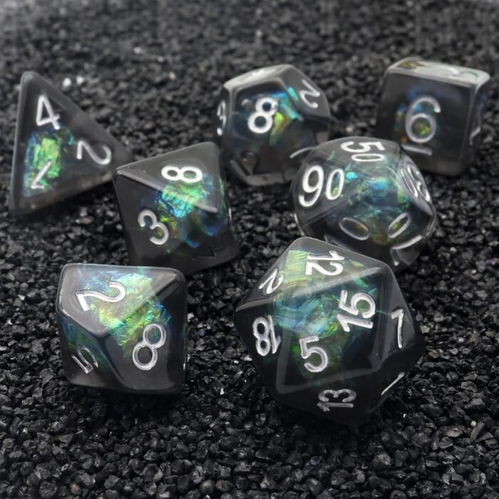 Haxtec DND Dice Set 7PCS Resin Dice Set Black with Iridescent Mylar Inclusion Polyhedral D&D Dice for Roleplaying Dice Games as Dungeons and Dragons - Image 5