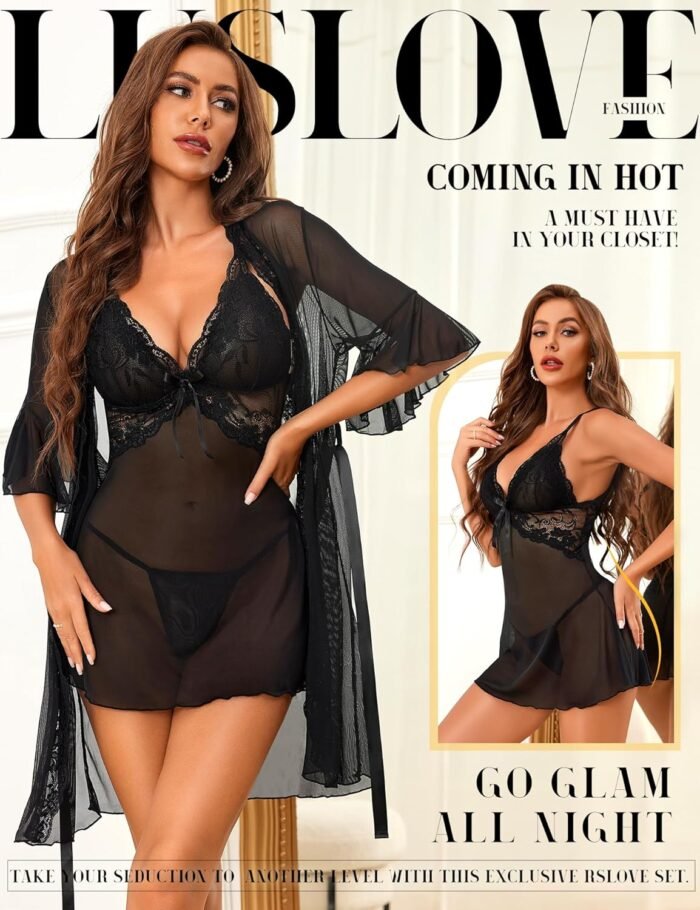 Women Sexy Lingerie Set 3 Piece Babydoll & Lace Kimono Robe Strap Chemise Nightgown Mesh Sleepwear - Image 2